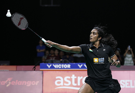 Sindhu Pusarla Venkata of India plays against Katethong Supanida of Thailand (not pictured) during the Women's Singles final of the SELANGOR Badminton Asia Team Championships 2024 at Setia City Convention Centre in Shah Alam, Selangor, Malaysia. Final score; Sindhu Pusarla Venkata 2:0 Katethong Supanida.