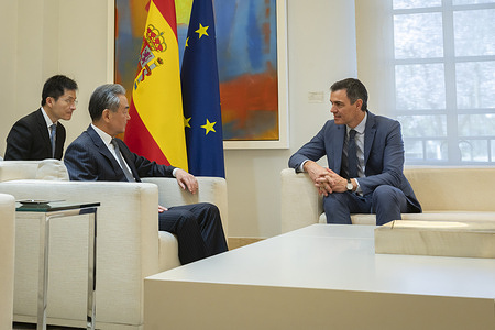 Chinese foreign minister Wang Yi visits Spanish prime minister Pedro Sanchez at his official residence and office at Moncloa Palace in Madrid.