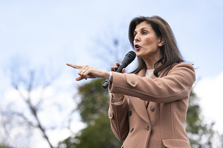 Republican presidential candidate Nikki Haley speaks to a crowd during a campaign rally in Camden. South Carolina Republicans vote in their presidential primary on February 25.