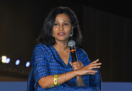 Vice President (VP) of Meta India, Sandhya Devanathan speaks during the last day of the Mumbai Tech Week (MTW) event in Mumbai. Mumbai Tech Week (MTW), organized by the Tech Entrepreneurs Association of Mumbai (TEAM), aims to celebrate the city's tech ecosystem through various events, with 46 tech companies collaborating. MTW brings together government dignitaries and tech innovators to nurture Mumbai's vibrant tech scene.