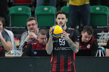 Torey DeFalco of Asseco Resovia in action during the CEV Volleyball Cup 2024 volleyball match between Aluron CMC Warta Zawiercie and Asseco Resovia Rzeszow at Hall (ArcelorMittal Park). Aluron CMC Warta Zawiercie won against Asseco Resovia Rzeszow with final score of 3:1.