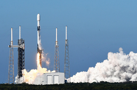 A SpaceX Falcon 9 rocket carrying Telkomsat's Merah Putih 2 telecommunications satellite for Indonesia lifts off from pad 40 at Cape Canaveral Space Force Station in Cape Canaveral.