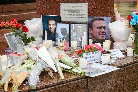 Flowers and portraits of late Russian opposition leader Alexei Navalny are seen at the memorial site in Pushkin plaza. Alexei Navalny (4 June 1976 – 16 February 2024) was a Russian opposition leader, lawyer, anti-corruption activist, and political prisoner. He organized anti-government protests and run for public office to oppose corruption in Russia and advocate for reforms against President Vladimir Putin and his government.