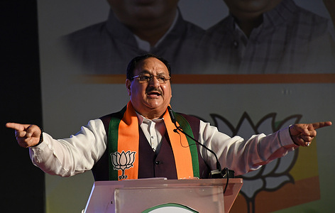 Bharatiya Janata Party (BJP) National President J.P. Nadda (Jagat Prakash Nadda) speaks during Bharatiya Janata Party (BJP) party workers conference in Mumbai. Bharatiya Janata Party (BJP) National President J.P. Nadda (Jagat Prakash Nadda) appealed to the party workers gathered at the conference to work hard and achieve the goal of party's victory in the upcoming general election in the country.