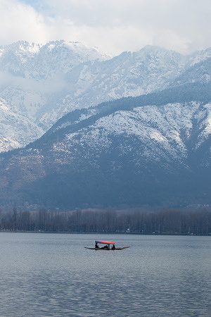 A Kashmiri boatman rows his boat across the waters of Dal lake with a backdrop of snow-covered mountains on a sunny day in Srinagar. The weather improved across Jammu and Kashmir after three days of incessant rain and snowfall. Meanwhile, the daytime temperatures improved with bright sunshine witnessed in many parts of the valley, including the summer capital Srinagar. The Dal Lake, apart from being the prime tourist attraction, is also home to over sixty thousand people, whose primary source of income comes from tourism and agriculture.