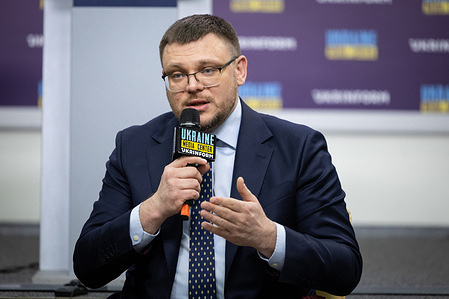 Director of the National Anti-Corruption Bureau of Ukraine (NABU) Semen Kryvonos speaks during a news conference on the results of NABU activities in 2023 in Kyiv.