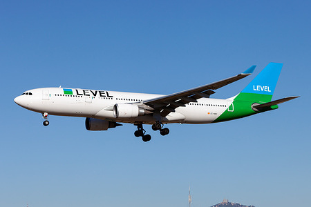 A Level Airbus A330-200 landing at Barcelona EL Prat airport. Levels long haul flights from Barcelona to Miami, Los Angeles, Boston, and Santiago.