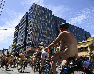 (EDITORS NOTE: Image contains nudity)
Naked cyclists ride through the streets of Melbourne. The World Naked Bike Ride is an annual global protest held in around 70 cities worldwide. Melbourne hosts the longest-running event in the Southern Hemisphere and the largest ride in Australia. The inaugural World Naked Bike Ride in Melbourne took place in 2006, with just 14 riders. Since then, the event has continued every year, advocating for body positivity, road safety, and environmental sustainability. Cyclists of all genders and ages are welcome to participate, and encouraged to join "as bare as you dare" for a liberating and enjoyable ride through Melbourne's bustling streets.