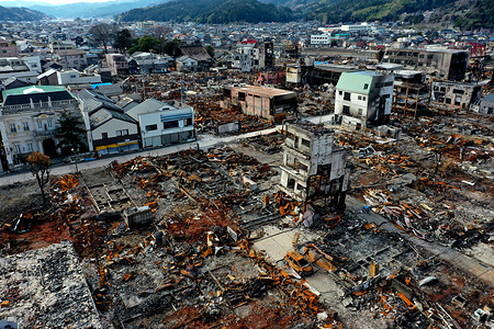 (EDITOR’S NOTE: Image taken with a drone)
An aerial view of the Wajima Asaichi market in Wajima, showing scars from the New Year's Day fire caused by the Noto Peninsula earthquake. A month and a half later, much debris still remains untouched at the Wajima Asaichi market in Wajima, Ishikawa Prefecture, which was largely destroyed by fire in the Noto Peninsula earthquake. Damaged buildings walls and exposed steel frames show the severity of the fire.