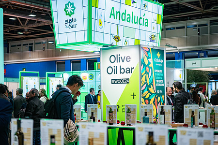 A general view of the 11th World Olive Oil Exhibition at IFEMA expositive spaces. The World Olive Oil Exhibition is the largest international trade fair for the olive oil industry.