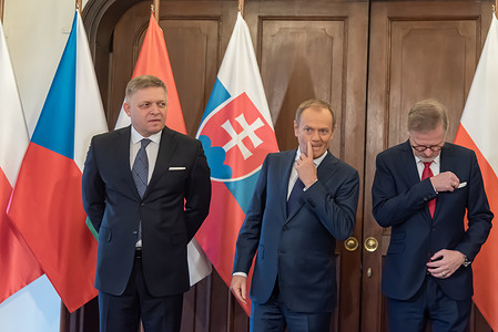 From left to right: Slovak prime minister Robert Fico, Polish prime minister Donald Tusk, Czech prime minister Petr Fiala and pose for a photo during the summit of the Visegrad Group (V4). Prime ministers of the Czech Republic, Slovakia, Poland and Hungary meet at the summit of the Visegrad Group (V4) hosted by the current Czech presidency. The main topics discussed during the summit are energy security, strategic agenda of European Union and support of Ukraine during Russian invasion. Visegrad group (V4) was established in 1991 and consists of 4 countries from Central Europe: Czech republic, Slovakia, Hungary and Poland.