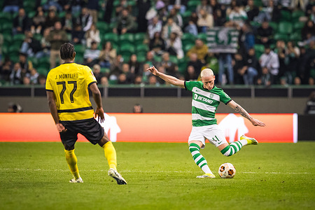 Nuno Santos of Sporting CP (R) and Joel Monteiro of BSC Young Boys (L) in action during the UEFA Europa League 2023/24 knockout round play-offs second leg match between Sporting CP and BSC Young Boys at Estadio Jose Alvalade. (Final score: Sporting CP 1 - 1 BSC Young Boys)