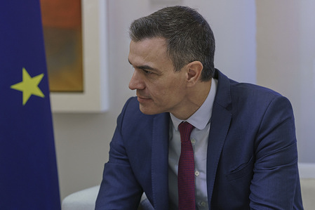 The President of the Spanish Government, Pedro Sánchez, seen during his meeting with the Ultimate Fighting Championship (UFC) featherweight world champion, Ilia Topuria at the Moncloa Palace in Madrid.