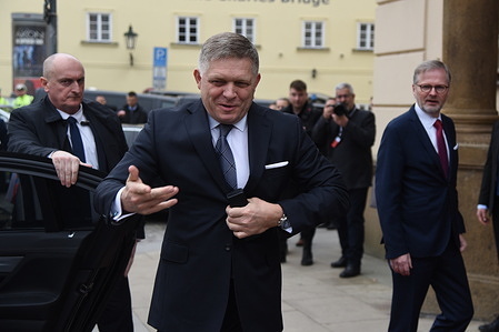 Slovak prime minister Robert Fico and Czech prime minister Petr Fiala (R) seen before the summit of the Visegrad Group (V4) in Prague. Prime ministers of the Czech Republic, Slovakia, Poland and Hungary meet at the summit of the Visegrad Group (V4) hosted by the current Czech presidency. The main topics discussed during the summit are energy security, strategic agenda of European Union and support of Ukraine during Russian invasion. Visegrad group (V4) was established in 1991 and consists of 4 countries from Central Europe: Czech republic, Slovakia, Hungary and Poland.