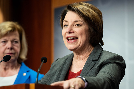 U.S. Senator Amy Klobuchar (D-MN) speaks at a press conference about safeguarding IVF access nationwide at the U.S. Capitol.