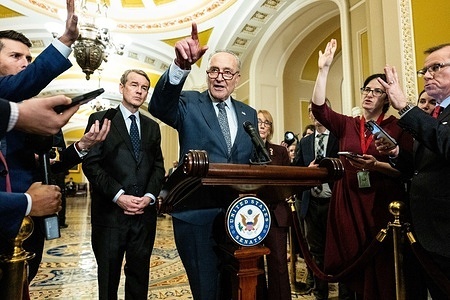 Senate Majority Leader Chuck Schumer (D-NY) speaks at a Senate caucus leadership press conference at the U.S. Capitol.