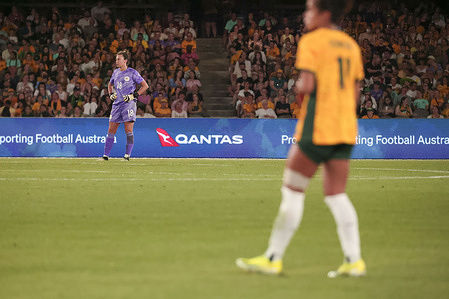 Mackenzie Arnold of Australia seen during the AFC Women's Paris 2024 Olympic Qualifier Round 3 match between Australia and Uzbekistan at Marvel Stadium. Australia won the match 10-0.