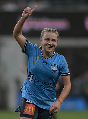 Caley Tallon-Henniker of Sydney FC team is seen in action during the Liberty A-League 2023/24 season round 18 match between Western Sydney Wanderers FC and Sydney FC held at the CommBank Stadium. Final score Sydney FC 2:0 Western Sydney Wanderers.