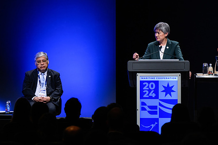 Minister for Foreign Affairs of Australia, Penny Wong (R) speaks during the summit. ASEAN Australia Special Summit Maritime Cooperation opening remarks and keynotes by Minister for Foreign Affairs of Australia, Penny Wong, and Secretary of Foreign Affairs of Philippines, Enrique Manalo.