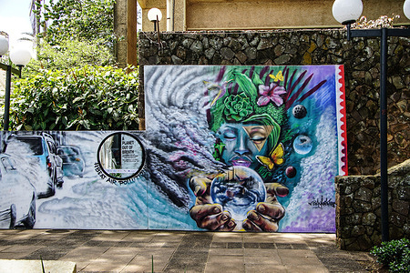 A mural advocating for clean air painted by Kenyan graffiti artist Bankslave is seen during the 6th United Nations Environment Assembly (UNEA-6) held at the United Nations offices in Nairobi.