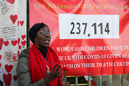Florence Eshalomi, MP for Vauxhall and Shadow Minister for Democracy speaks at the National Covid Memorial Wall in Westminster in London. Four years ago, on 5 March 2024, a woman in her 70s was confirmed as the first person to die of coronavirus in the UK. Since then, over 237,110 people died from Covid-19.
