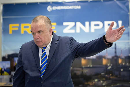 Acting Chairman of the Board of the Joint-Stock Company National Nuclear Energy Generating Company "Energoatom" Petro Kotin speaks to the media during a press conference dedicated to commemorating the second anniversary of the occupation by Russian armed forces of Zaporizhzhia Nuclear Power Plant, in Kyiv. Zaporizhzhya Nuclear Power Plant was occupied by Russian troops.
