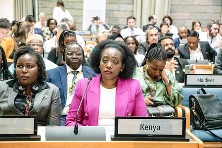 Kenya's Minister of Environment, Climate Change and Forestry, Soipan Tuya, follows proceedings during the 6th United Nations Environment Assembly (UNEA-6) held at the United Nations offices at Gigiri. The UN event was focused on the role of multilateralism is addressing the triple planetary crisis of climate change, biodiversity loss and pollution.