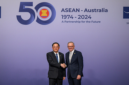 (L-R) Prime Minister of the Lao PDR, Sonexay Siphandone, and Prime Minister of Australia, Anthony Albanese shake hands during the ASEAN Australia Special Summit Leaders Arrival and Official Family Photo event in Melbourne. Prime Minister of Australia, Anthony Albanese welcomed the arrival of leaders from the Association of Southeast Asian Nations and posed for photos at the ASEAN Australia Special Summit. The three-day Special Summit is to celebrate the 50th Anniversary of ASEAN-Australia dialogue relations, with hundreds of officials and leaders gathering for summitry.