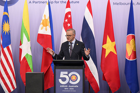 Australia's Prime Minister, Anthony Albanese speaks during the event. Joint Media Statement by Australia's Prime Minister, Anthony Albanese and Laos' Prime Minister, Sonexay Siphandone during the 2024 ASEAN-Australia Special Summit in Melbourne. The three-day Special Summit is to celebrate 50th Anniversary of ASEAN-Australia dialogue relations, with hundreds of officials and leaders gathering for summitry.