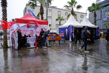 Public tents for the two strongest candidate parties, CHP and AKP, are set up in the city square. Posters and promotional tents in preparations for local elections to be held in Turkey on March 31, 2024 are seen on the streets of Istanbul.