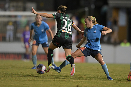 Melissa Taranto (L) of Western United FC and Mackenzie Jade Hawkesby (R) of Sydney FCare seen during the Liberty A-League 2023-24 season round 19 match between Sydney FC and Western United FC held at the Leichhardt Oval. Final score Sydney FC 3:1 Western United FC.