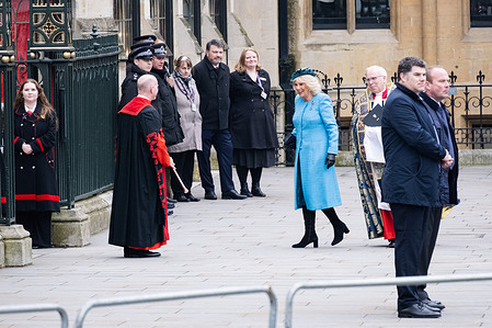 Queen Camilla arrives at Westminster Abbey for the Commonwealth Day Service. Anti-monarchy and Pro-LGBT protesters assembled and demonstrated outside Westminster Abbey, while the members of the royal family and other guests arrive for the Commonwealth Day Service.