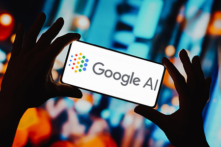 In this photo illustration, the Google AI logo is displayed on a smartphone screen.