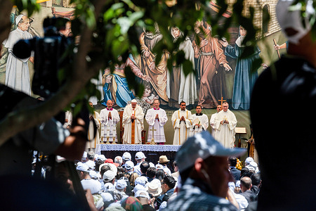 Pilgrims attend a holy mass on the main square in front of Nativity Basilica held by Pope Francis on his visit to Bethlehem. Pope Francis made the trip to Bethlehem as one of his first journeys in office. He is a supporter of a peace deal between Israel and Palestine.