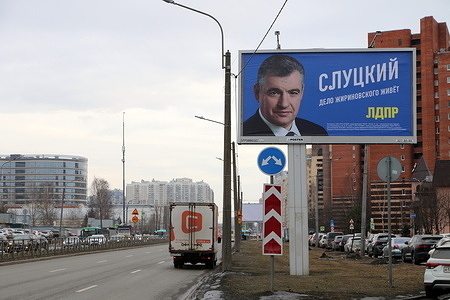 An election campaign billboard supporting Leonid Slutsky, a candidate in the presidential election from the Liberal Democratic Party of Russia (LDPR), is displayed on a street in St. Petersburg. Voting in the presidential elections of the Russian Federation will take place from March 15 to 17, 2024.