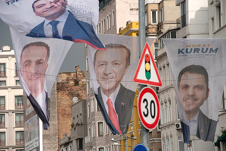 Election banners for AKP candidates including Turkish President Recep Tayyip Erdogan seen displayed in Beyoglu neighbourhood of Istanbul.
