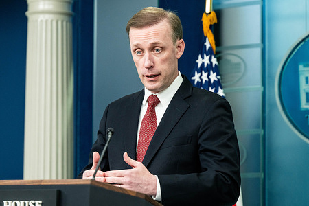 National Security Advisor, Jake Sullivan speaks at a press briefing in the White House Press Briefing Room in Washington.