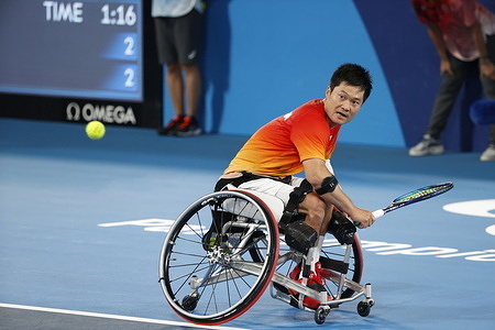 Japan's Shingo Kunieda seen in action during the Men's Single Wheelchair Tennis gold medal match on Day 11 at Tokyo 2020. Home nation Japan's Shingo Kunieda sealed the gold for the fourth time beating out Netherlands' Tom Egberink. Host-nation hero Shingo Kunieda of Japan clinched the fourth gold medal of his career as he defeated Tom Egberink of the Netherlands in two sets in the men’s singles on September 4, 2021, the last day of the wheelchair tennis tournament at the Tokyo 2020 Paralympic Games.