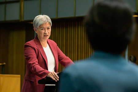 Australian Foreign Minister, Penny Wong, answers questions from the journalists during a press conference. Australian Foreign Minister Penny Wong held a press conference in Parliament House following her meeting with Chinese Foreign Minister Wang Yi, regarding the Australia-China Foreign and Strategic Dialogue. During the press conference, she addressed topics such as Australia's relationship with China, Dr. Yang Hengjun, and Australia's Ambassador to the United States.