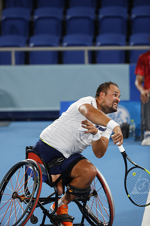 Tom Egberink of the Netherlands is seen in action during the match against Shingo Kunieda (not in picture) in the men's wheelchair tennis singles final at the Tokyo Paralympics 2020. Shingo Kunieda won against Tom Egberink with the final score of 6-1 6-2 in the men’s singles on September 4, 2021, the last day of the wheelchair tennis tournament at the Tokyo 2020 Paralympic Games.