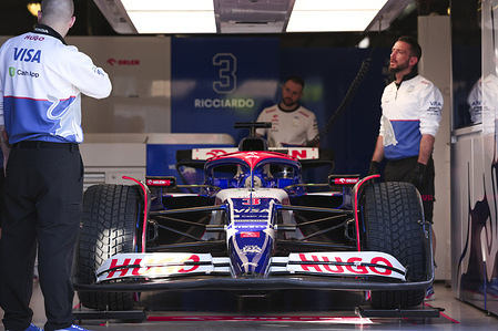 The car of Daniel Ricciardo of Australia and Visa Cash App RB Formula One Team in the pit garage ahead of the F1 Grand Prix of Australia at the Albert Park Grand Prix circuit.