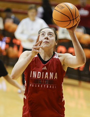 Indiana Hoosiers forward Mackenzie Holmes (54) practices for an NCAA women’s basketball tournament game against Fairfield at Simon Skjodt Assembly Hall.