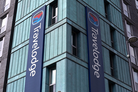View of Travelodge hotel sign in London.