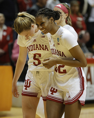 Indiana Hoosiers guard Lenee Beaumont (5) and Indiana Hoosiers guard Chloe Moore-McNeil (22) after an NCAA women’s basketball tournament game against Fairfield at Simon Skjodt Assembly Hall. Indiana won 89-56.