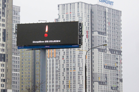 A billboard displaying a burning candle seen in the aftermath of the terrorist attack at Crocus City Hall. This assault on a popular concert hall marks the deadliest act of terrorism in the Russian capital in more than a decade.
