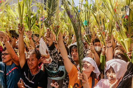 Catholic devotees wave their palm branches to receive water blessing after the Palm Sunday mass in Antipolo City. Palm Sunday is a Catholic tradition signifies the triumphant entry of Jesus to Jerusalem, greeted with palm branches that are recognized as victory and triumph on numerous cultures. Palm Sunday marks the start of Holy Week, the most sacred week in the Christian calendar.