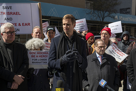 New York City Councilmember Erik Bottcher speaks at a rally calling to keep Mount Sinai Beth Israel Hospital open as the planned July closure of the 16 Street campus nears.