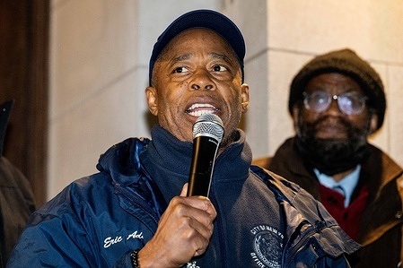 New York City Mayor Eric Adams (D) speaking at a rally against hate violence outside of the Congregation Ansche Chesed synagogue building in New York City.