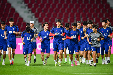 Son Heung-Min (C) and other players of South Korea seen during a training session ahead of the Asian World Cup qualifying round, second round, Group C match against Thailand at Rajamangala Stadium.
