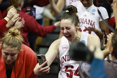 Indiana Hoosiers forward Mackenzie Holmes (54) reacts during the NCAA women’s basketball tournament game against Oklahoma University at Simon Skjodt Assembly Hall. The Hoosiers defeated Oklahoma University 75-68 to advance to the Sweet 16.